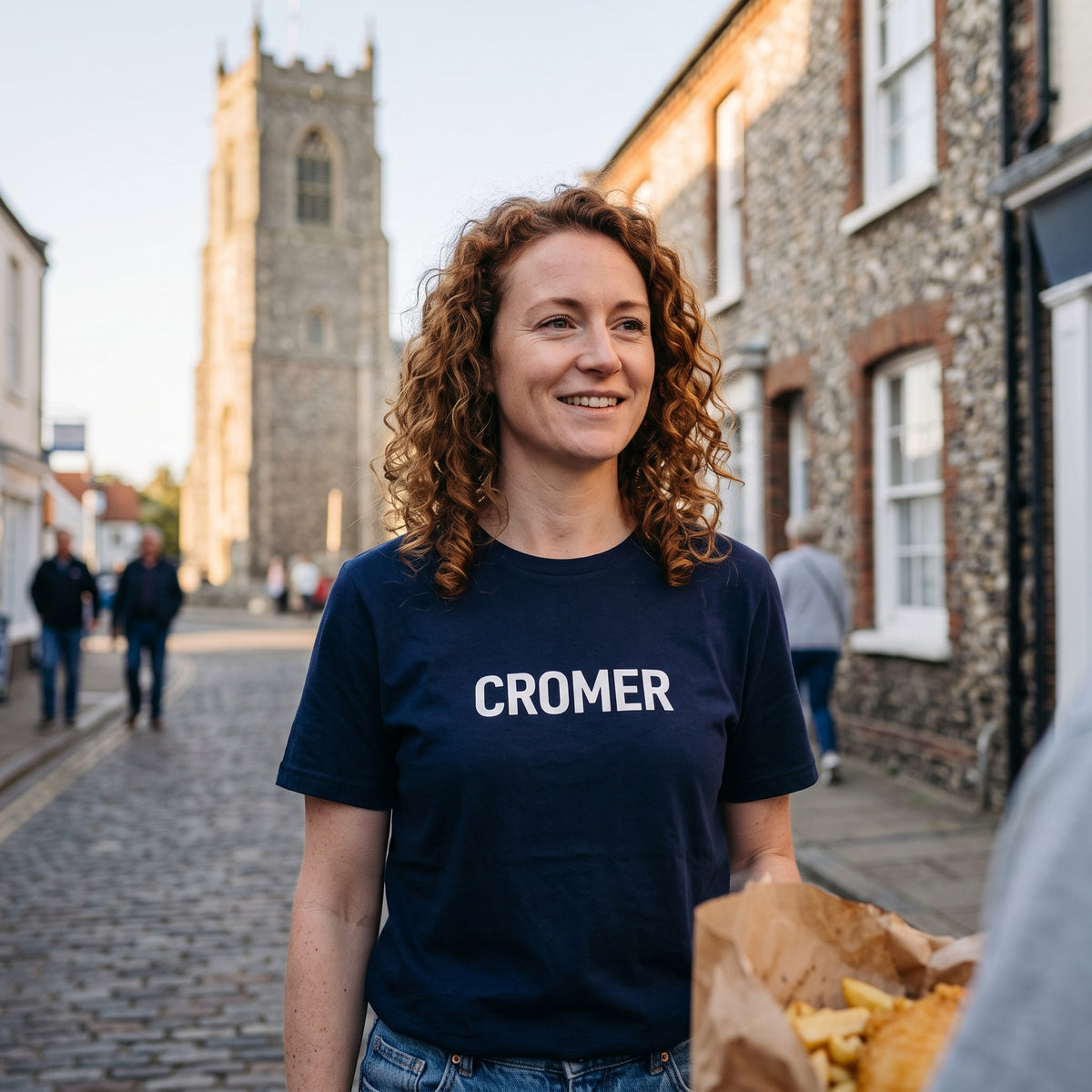 Your Town Merch — Cromer Navy Tee lifestyle