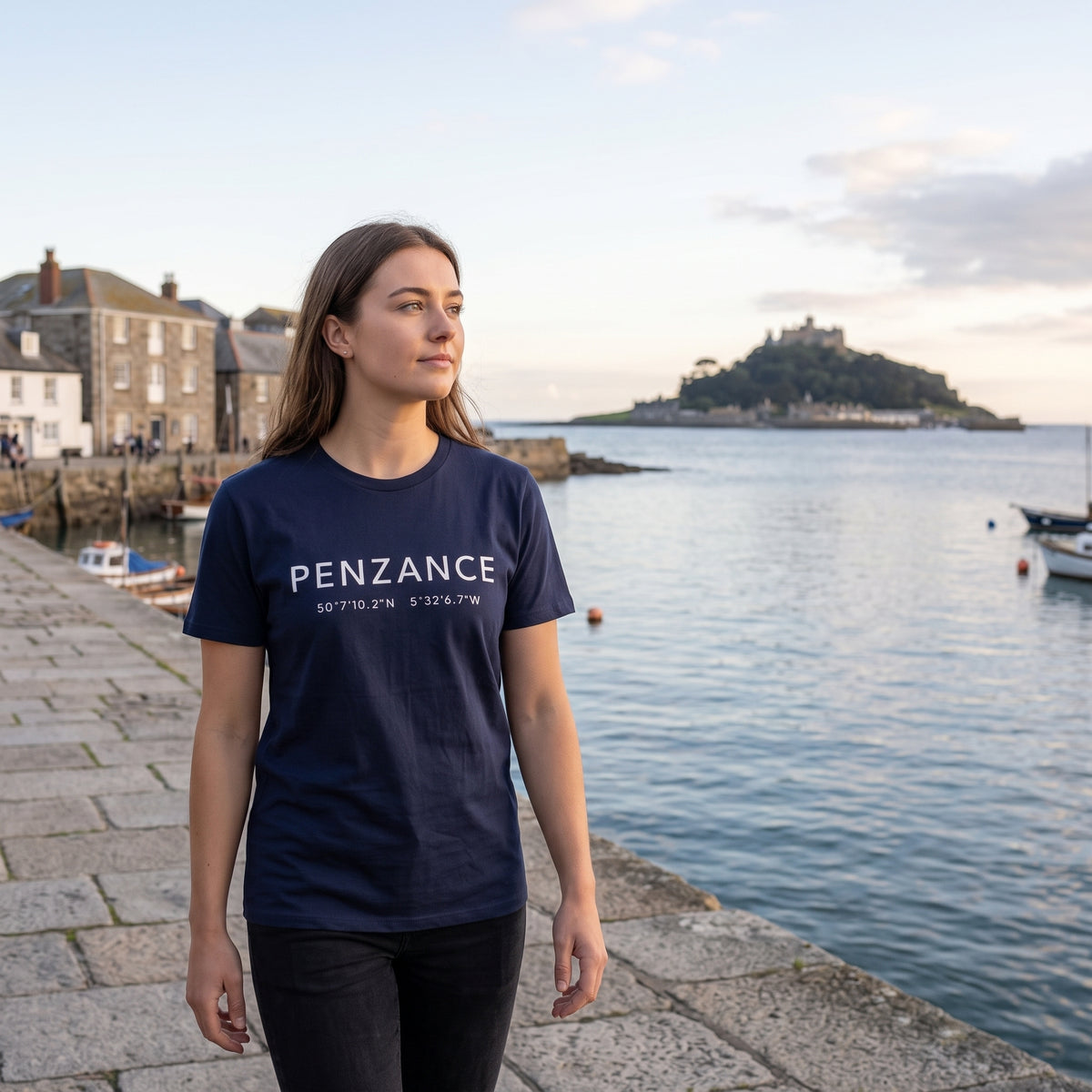 Your Town Merch — Penzance Coordinates Navy Tee lifestyle