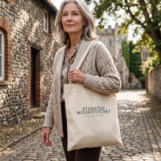 Your Town Merch — Stansted Mountfitchet Coordinates Natural Tote lifestyle photo