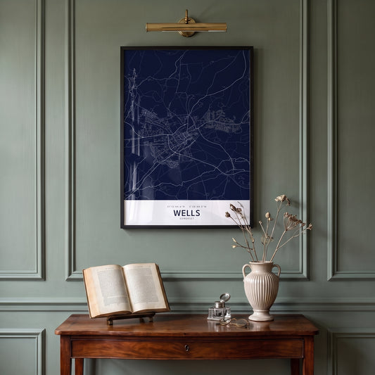 Your Town Merch — Wells Framed Map Print (Navy) lifestyle