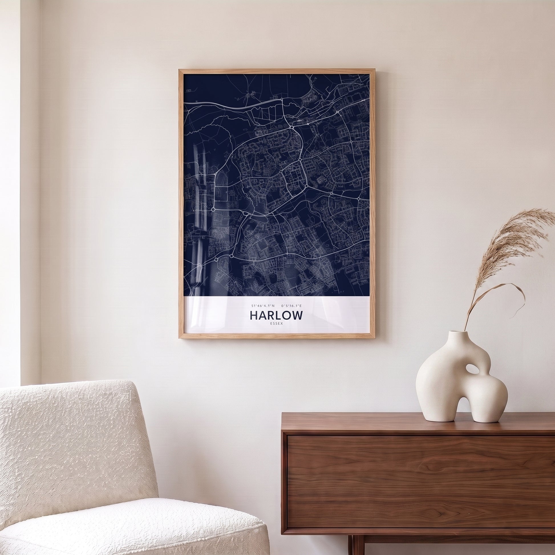 Your Town Merch — Harlow — Framed Map Print (Navy) lifestyle photo