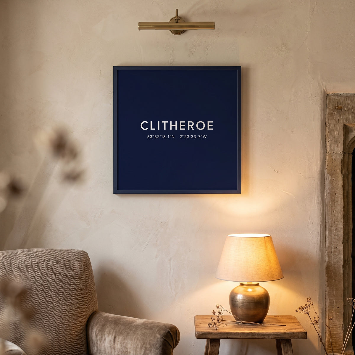 Your Town Merch — Clitheroe Framed Coordinates Print (Navy) lifestyle
