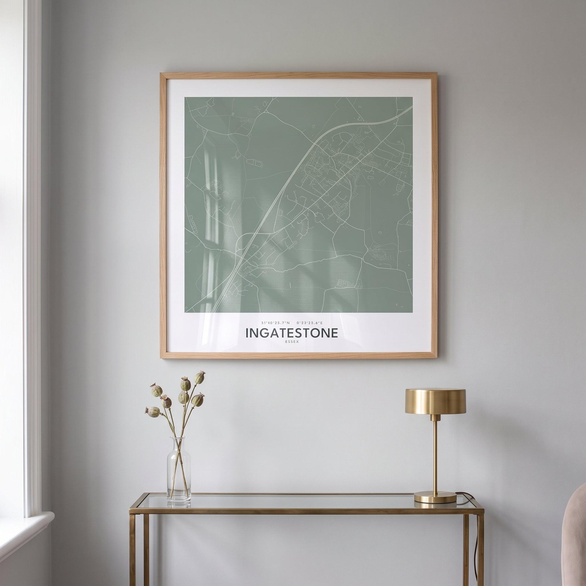 Your Town Merch — Ingatestone — Framed Map Print (Sage) lifestyle photo