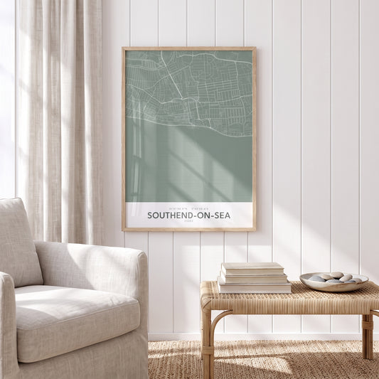 Southend-on-Sea — Framed Map Print (Sage)