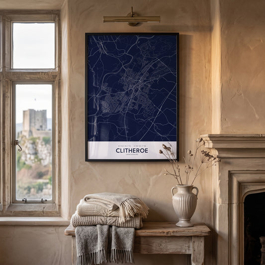 Your Town Merch — Clitheroe Framed Map Print (Navy) lifestyle