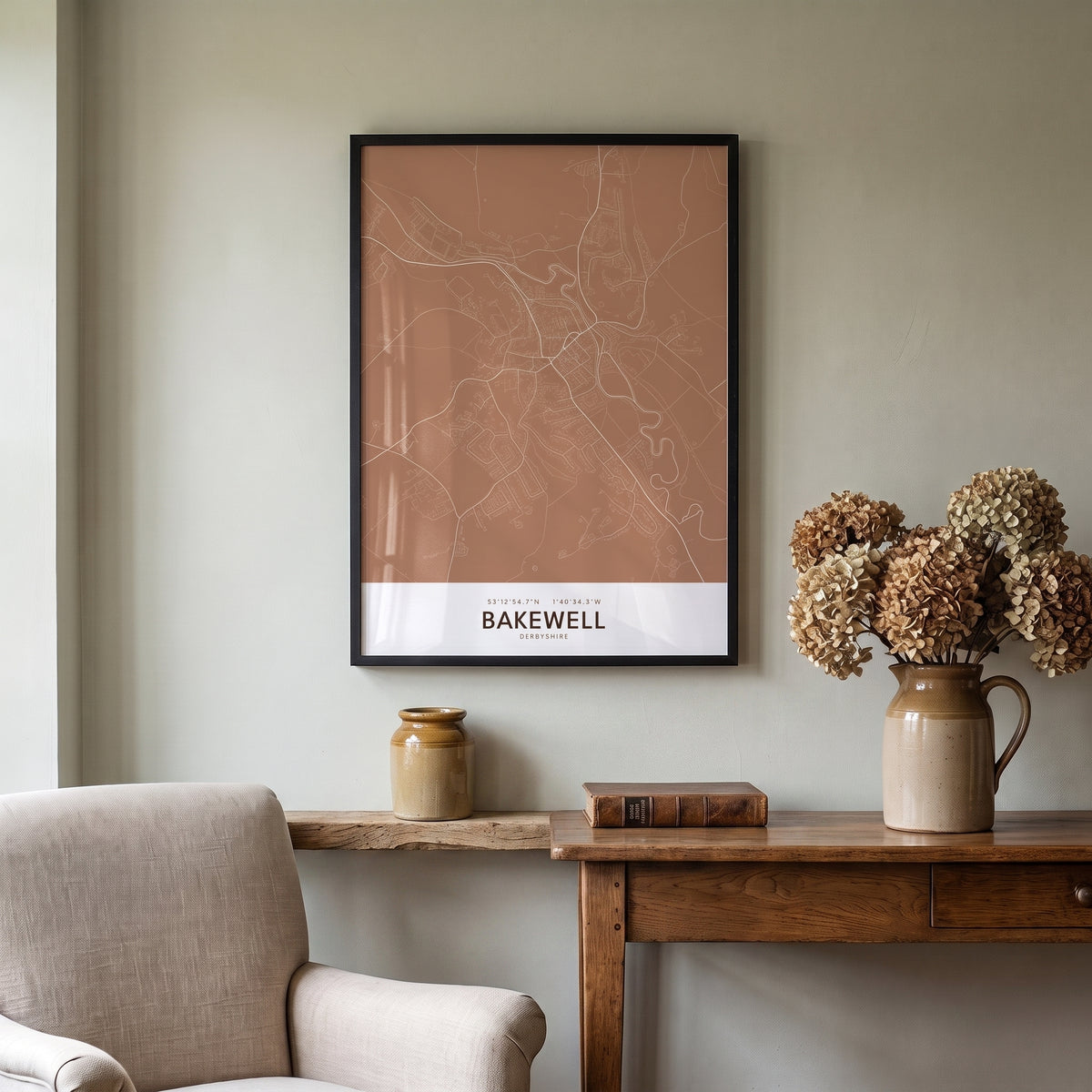 Your Town Merch — Bakewell Framed Map Print (Terracotta) lifestyle