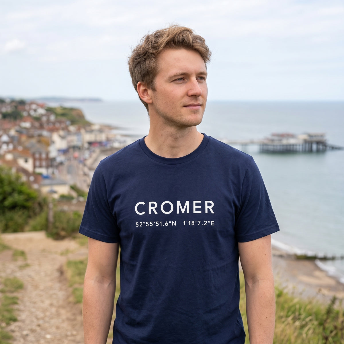 Your Town Merch — Cromer Coordinates Navy Tee lifestyle
