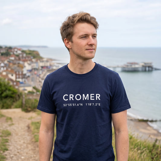 Your Town Merch — Cromer Coordinates Navy Tee lifestyle