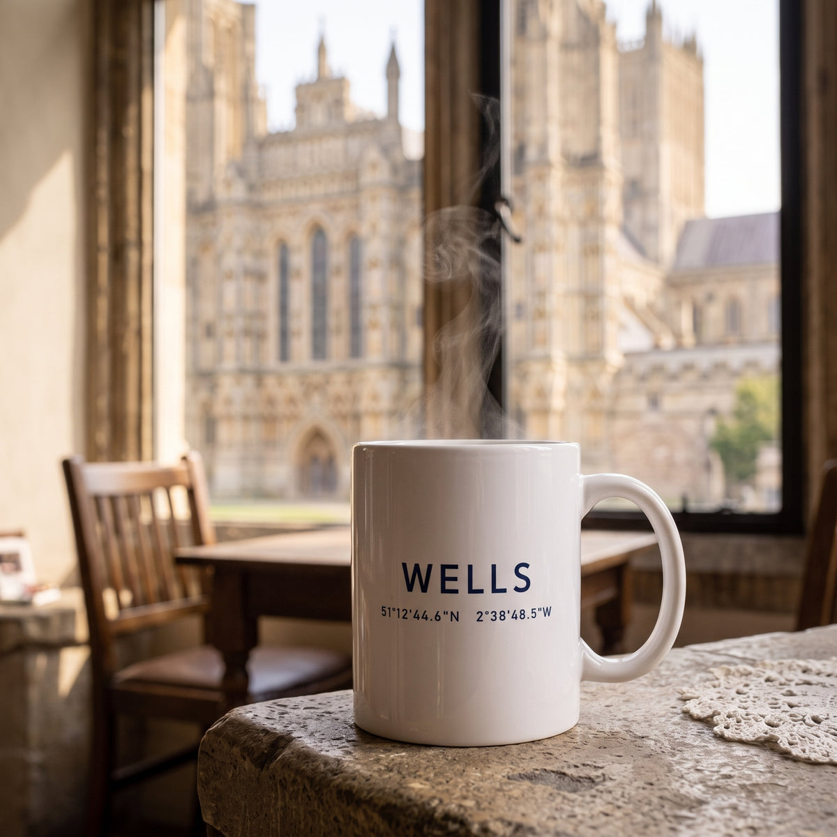 Your Town Merch — Wells Coordinates Ceramic Mug lifestyle