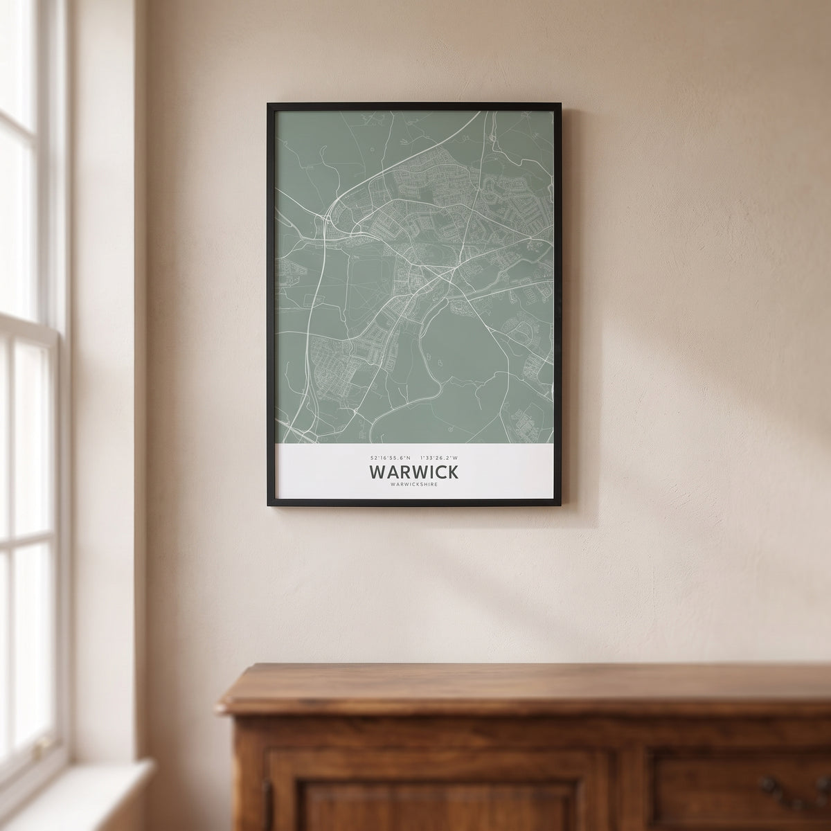 Your Town Merch — Warwick Framed Map Print (Sage) lifestyle