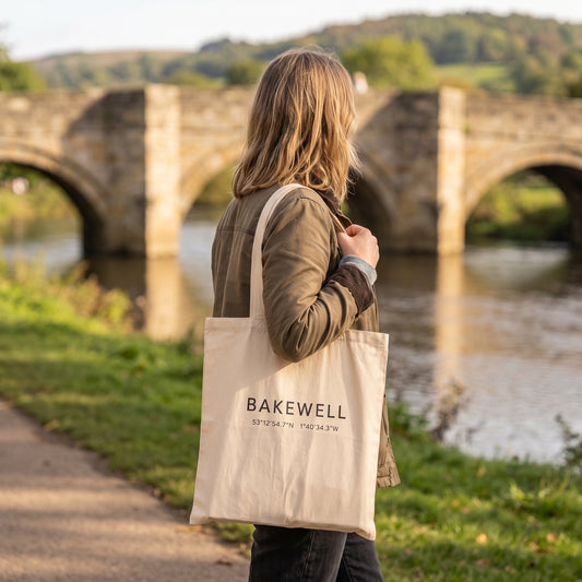 Your Town Merch — Bakewell Coordinates Natural Tote lifestyle