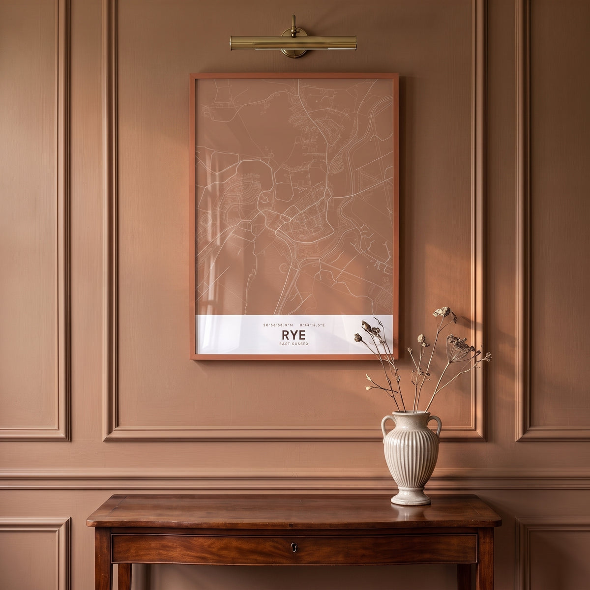 Your Town Merch — Rye Framed Map Print (Terracotta) lifestyle