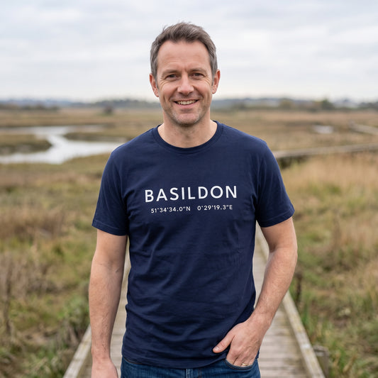 Your Town Merch — Basildon Coordinates Navy Tee lifestyle