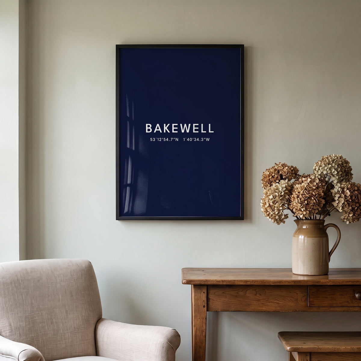 Your Town Merch — Bakewell Framed Coordinates Print (Navy) lifestyle