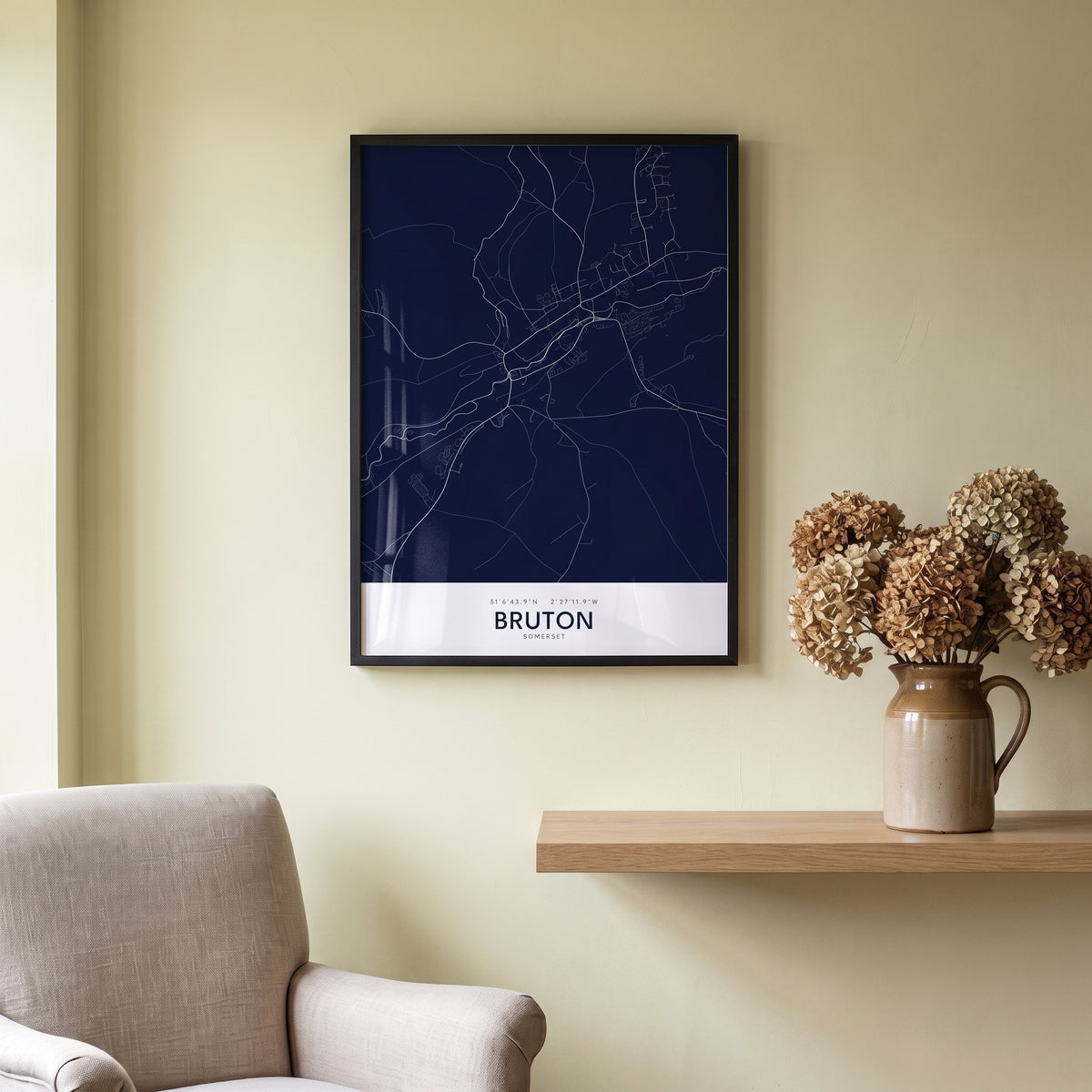 Your Town Merch — Bruton Framed Map Print (Navy) lifestyle