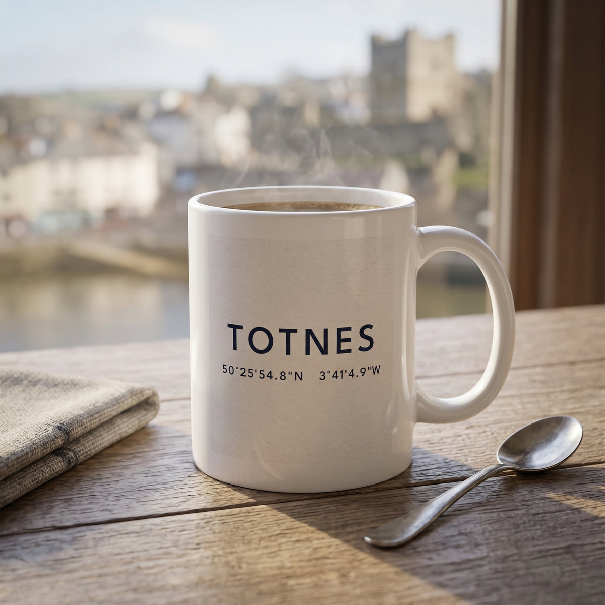 Your Town Merch — Totnes Coordinates Ceramic Mug lifestyle