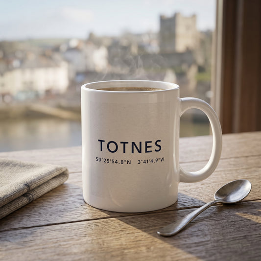 Your Town Merch — Totnes Coordinates Ceramic Mug lifestyle