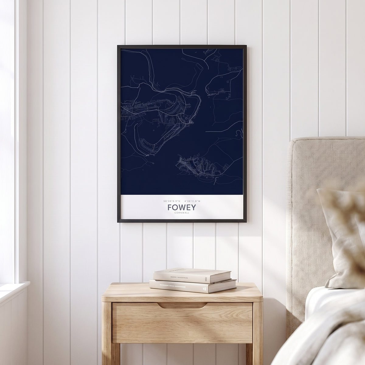 Your Town Merch — Fowey Framed Map Print (Navy) lifestyle