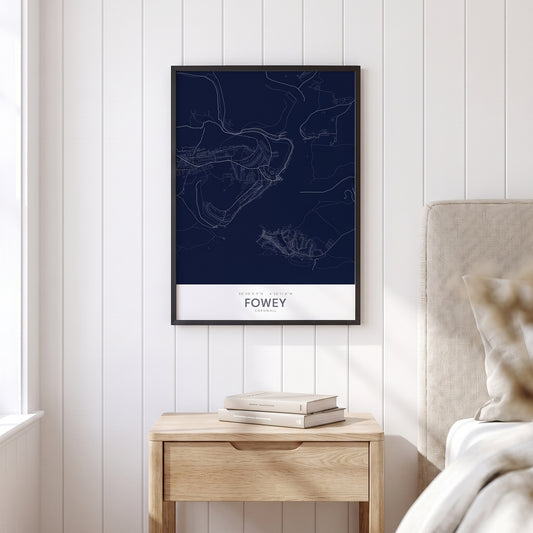 Fowey — Framed Map Print (Navy)