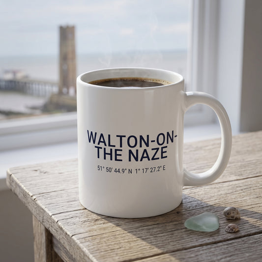 Your Town Merch — Walton-on-the-Naze Coordinates Ceramic Mug lifestyle photo