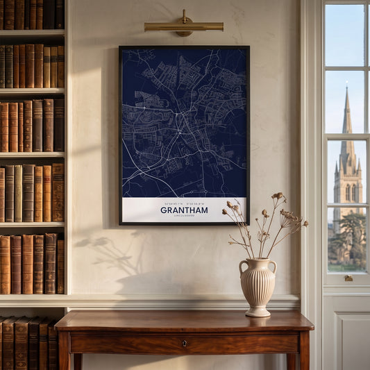 Grantham — Framed Map Print (Navy)