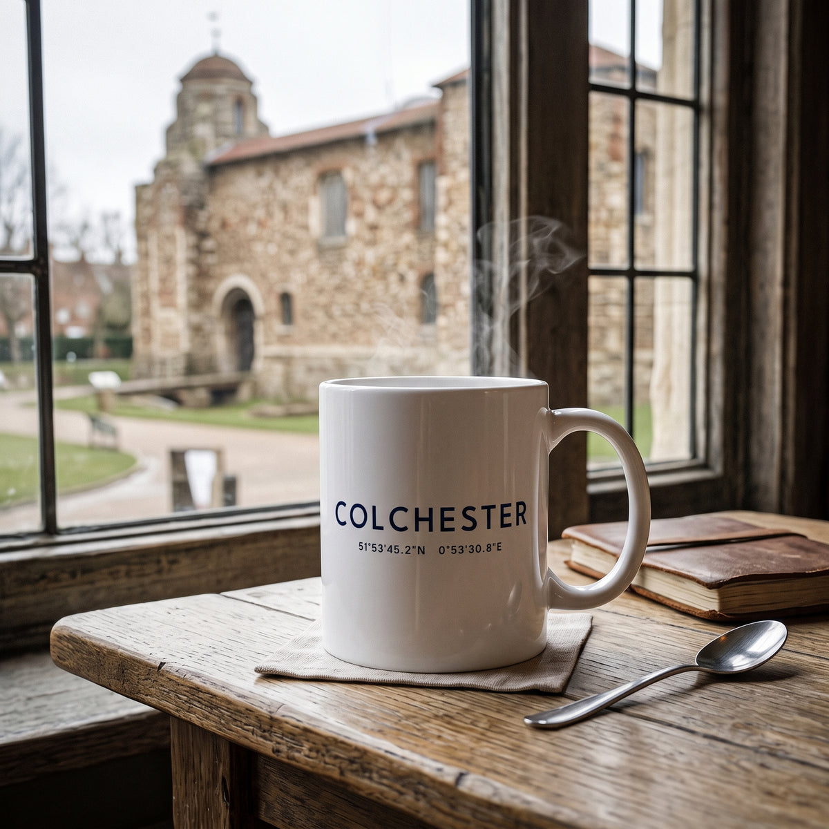 Your Town Merch — Colchester Coordinates Ceramic Mug lifestyle