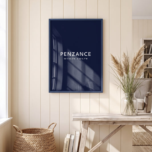 Penzance — Framed Coordinates Print (Navy)