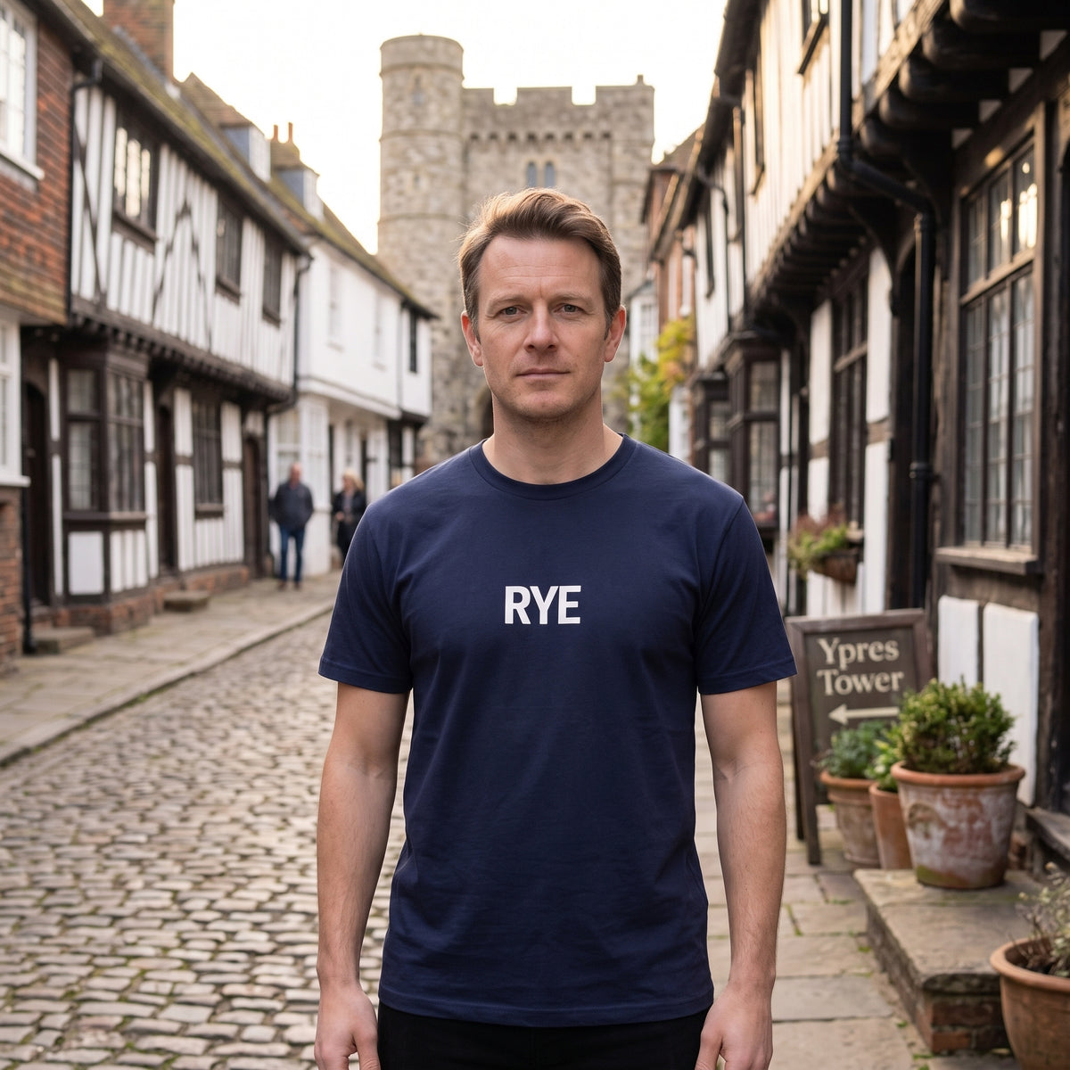 Your Town Merch — Rye Navy Tee lifestyle