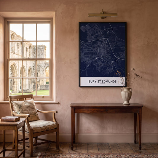 Your Town Merch — Bury St Edmunds Framed Map Print (Navy) lifestyle