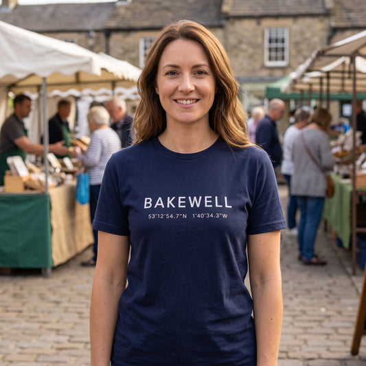 Your Town Merch — Bakewell Coordinates Navy Tee lifestyle