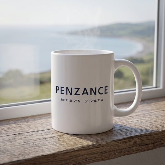 Your Town Merch — Penzance Coordinates Ceramic Mug lifestyle