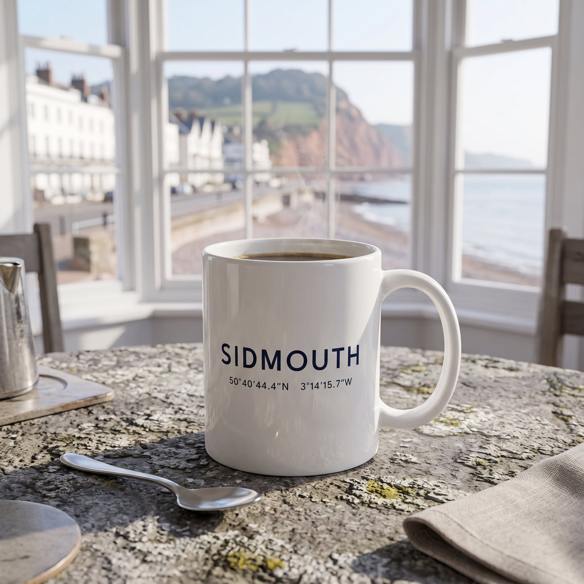 Your Town Merch — Sidmouth Coordinates Ceramic Mug lifestyle