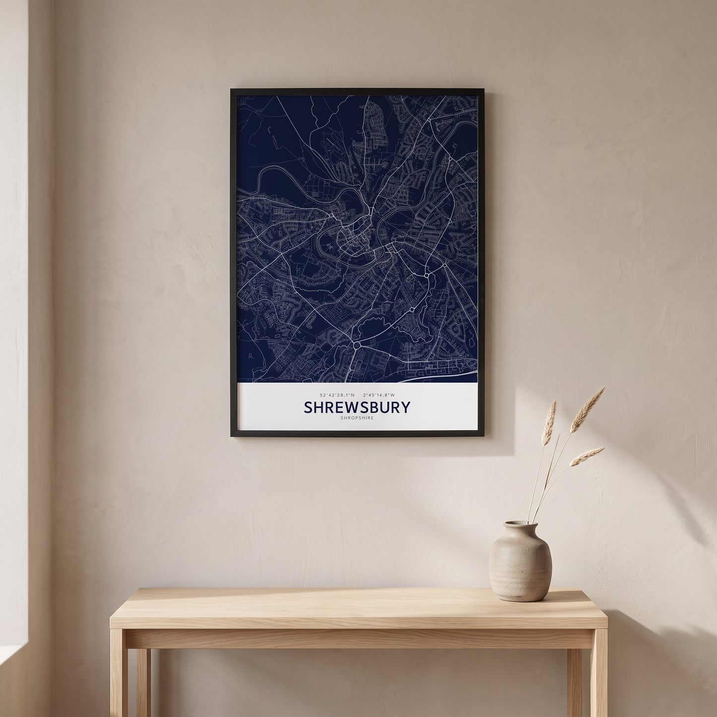 Your Town Merch — Shrewsbury Framed Map Print (Navy) lifestyle