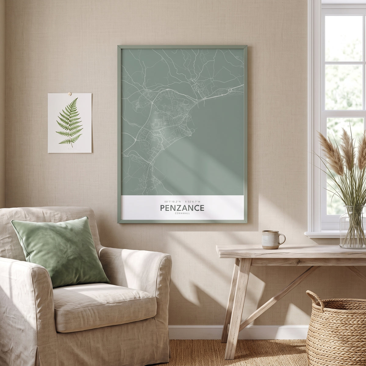 Your Town Merch — Penzance Framed Map Print (Sage) lifestyle