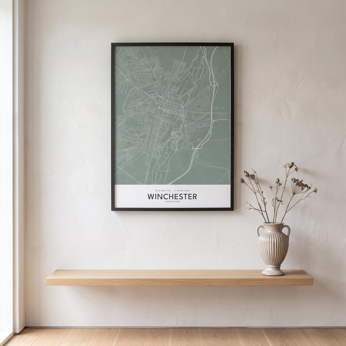 Your Town Merch — Winchester Framed Map Print (Sage) lifestyle