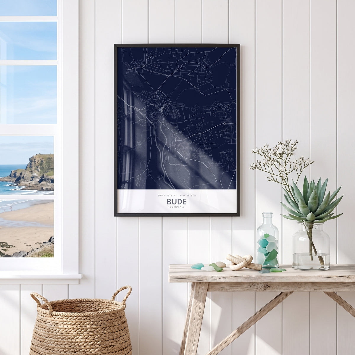 Your Town Merch — Bude Framed Map Print (Navy) lifestyle
