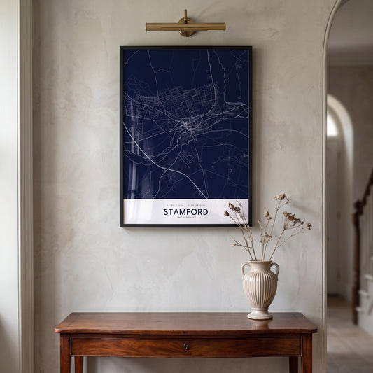 Your Town Merch — Stamford Framed Map Print (Navy) lifestyle