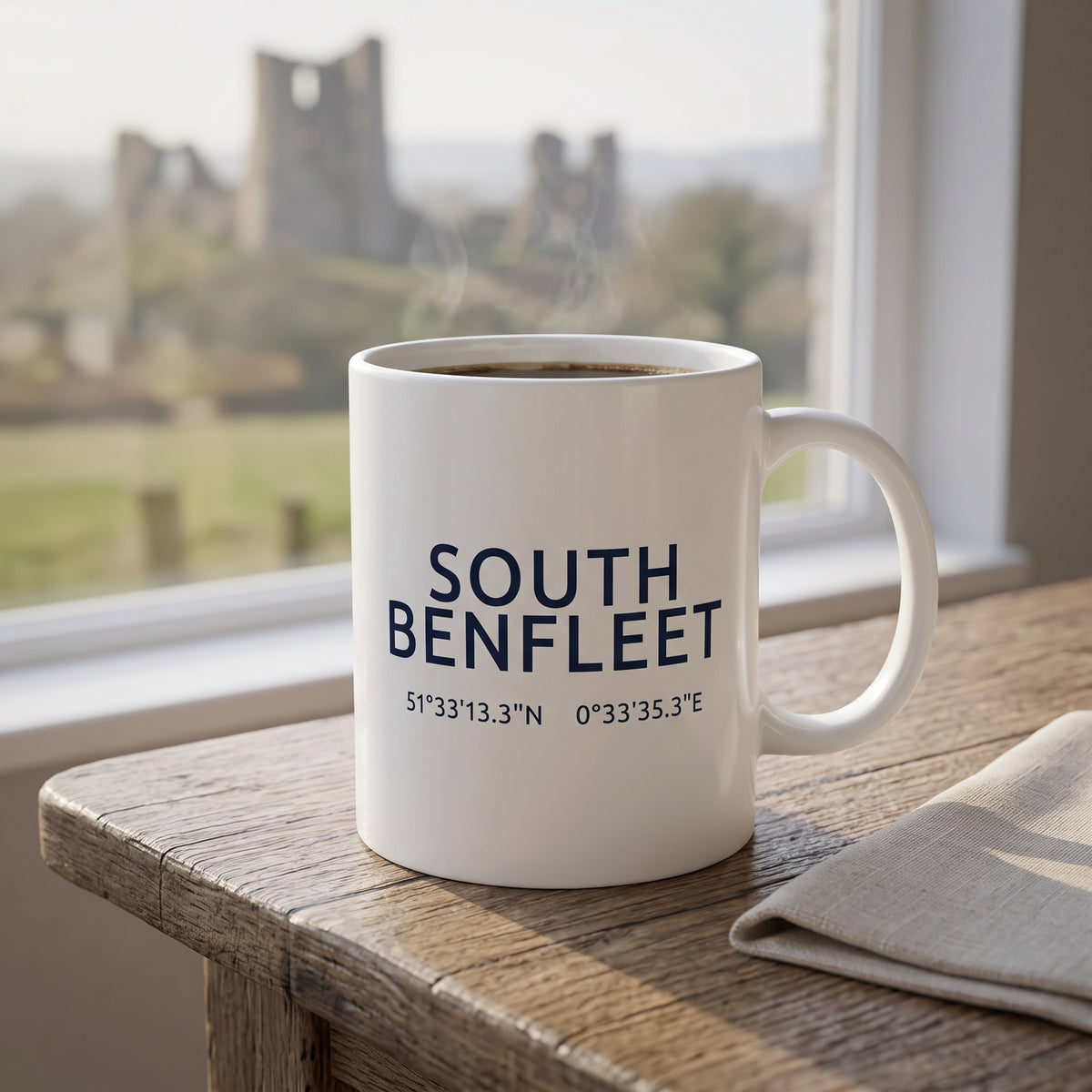 Your Town Merch — South Benfleet Coordinates Ceramic Mug lifestyle