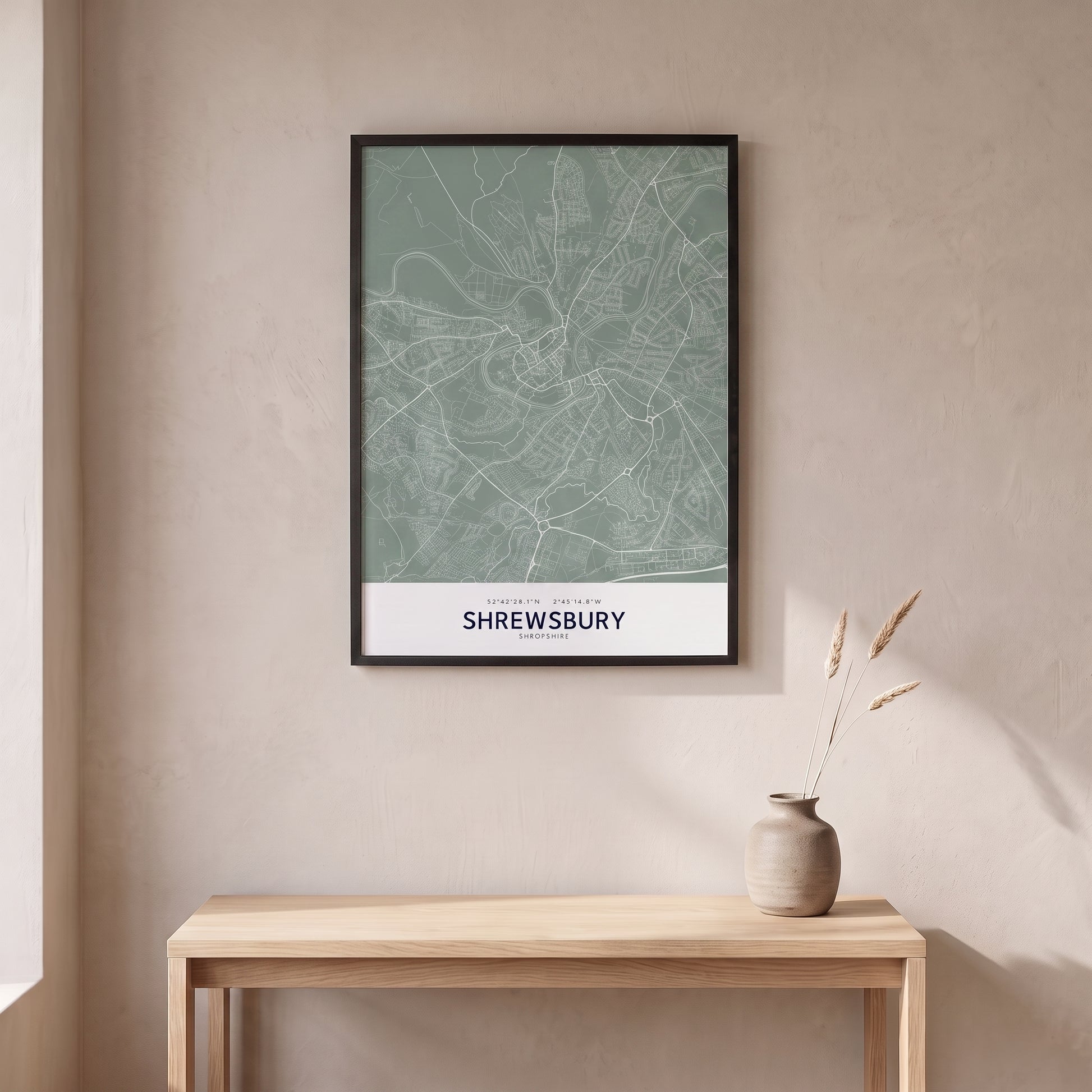 Your Town Merch — Shrewsbury Framed Map Print (Sage) lifestyle
