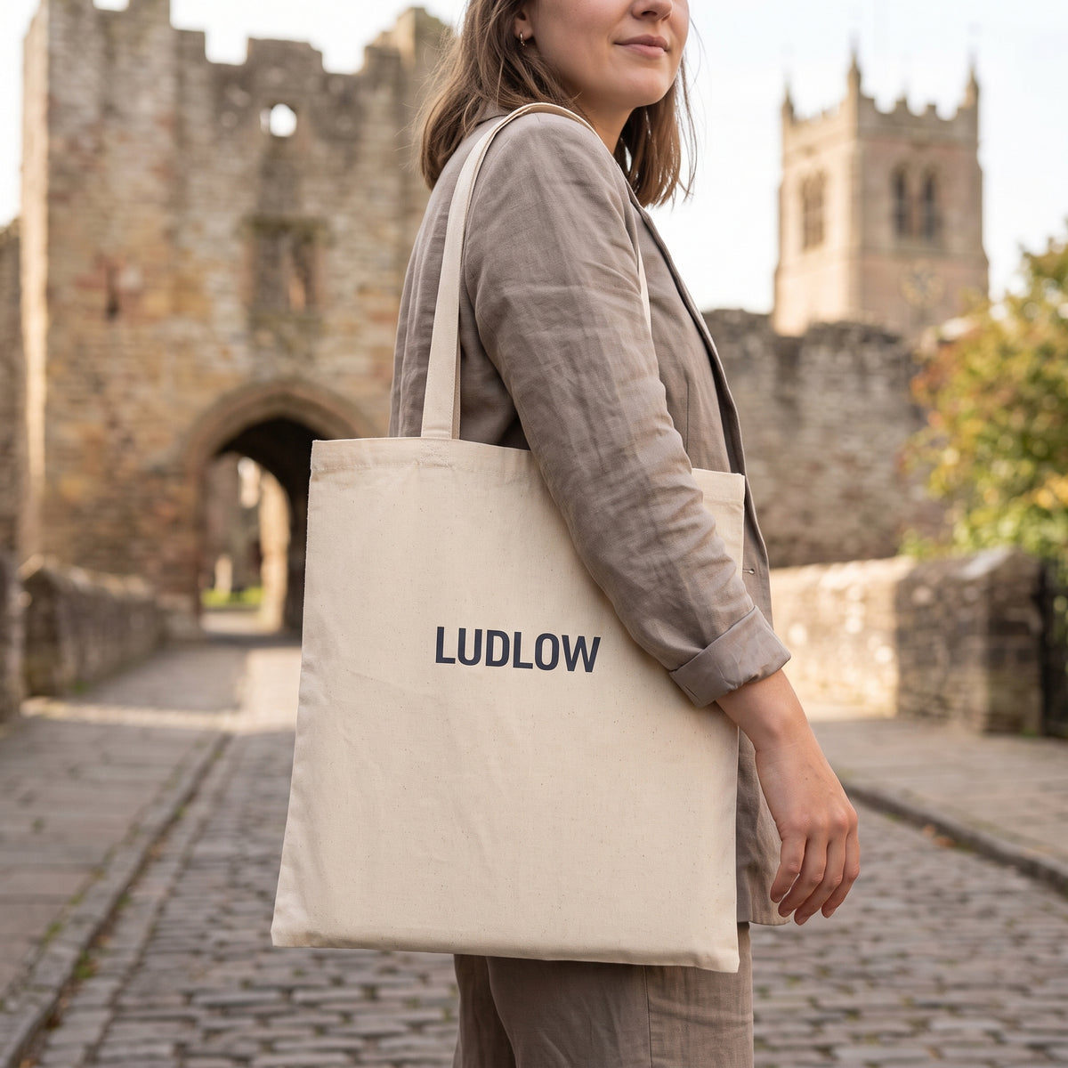 Your Town Merch — Ludlow Natural Tote lifestyle