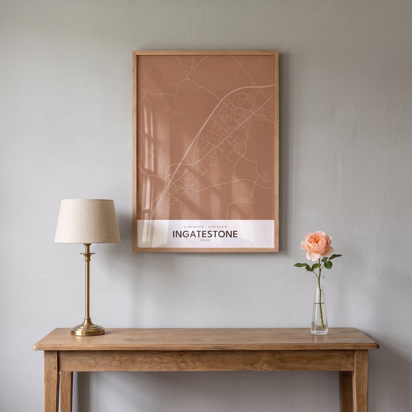 Your Town Merch — Ingatestone — Framed Map Print (Terracotta) lifestyle photo