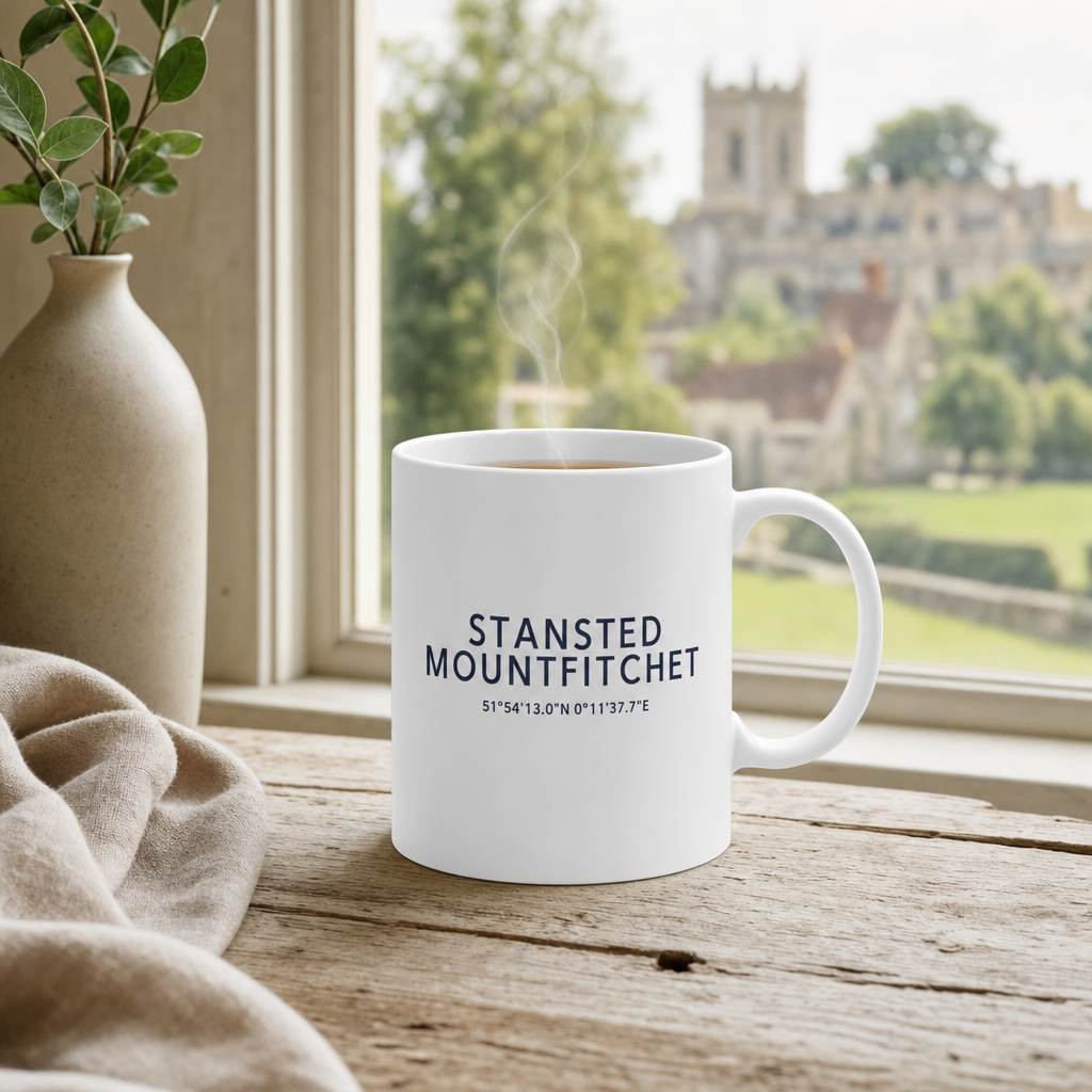Your Town Merch — Stansted Mountfitchet Coordinates Ceramic Mug lifestyle photo