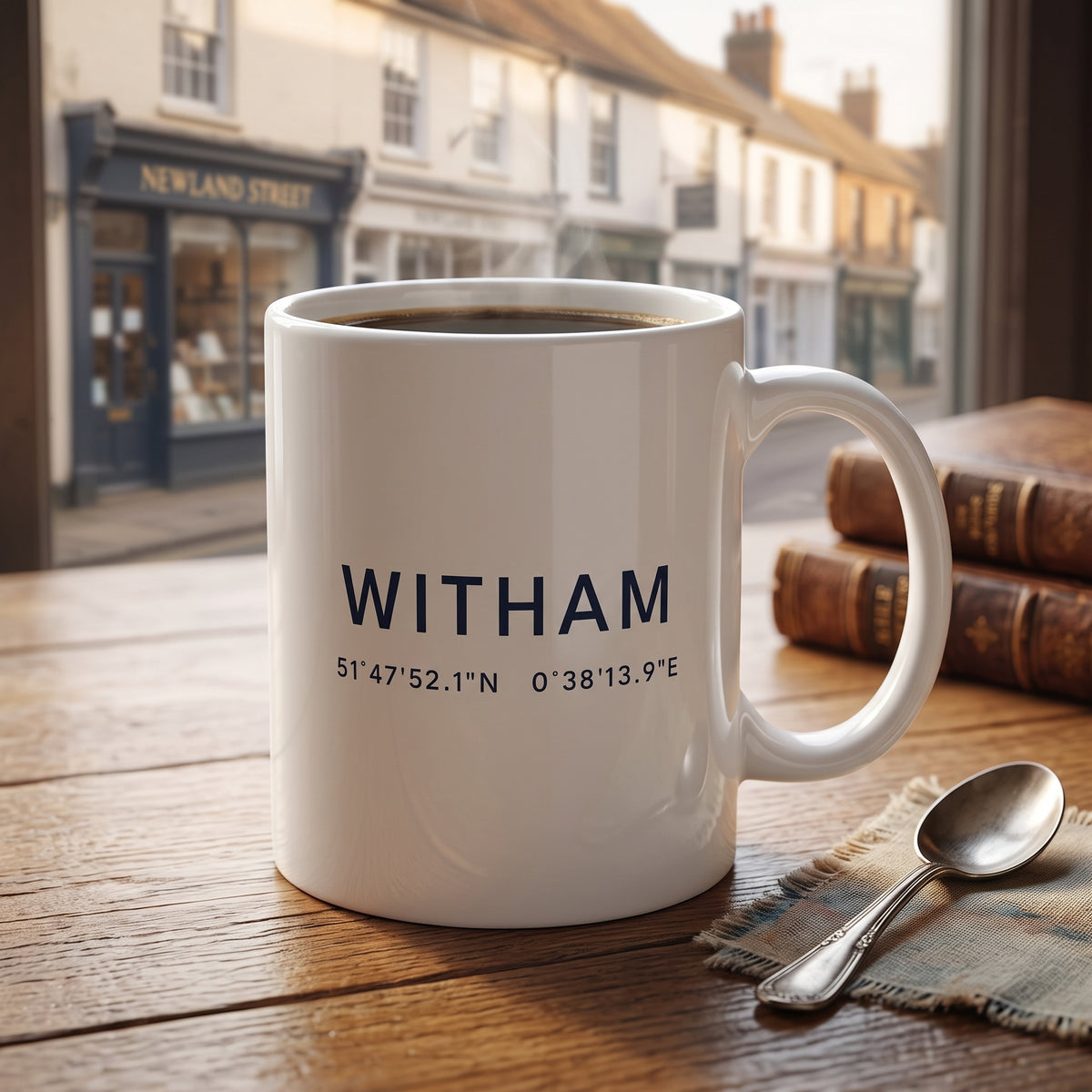 Your Town Merch — Witham Coordinates Ceramic Mug lifestyle