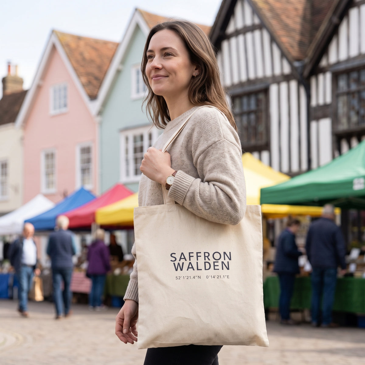 Your Town Merch — Saffron Walden Coordinates Natural Tote lifestyle