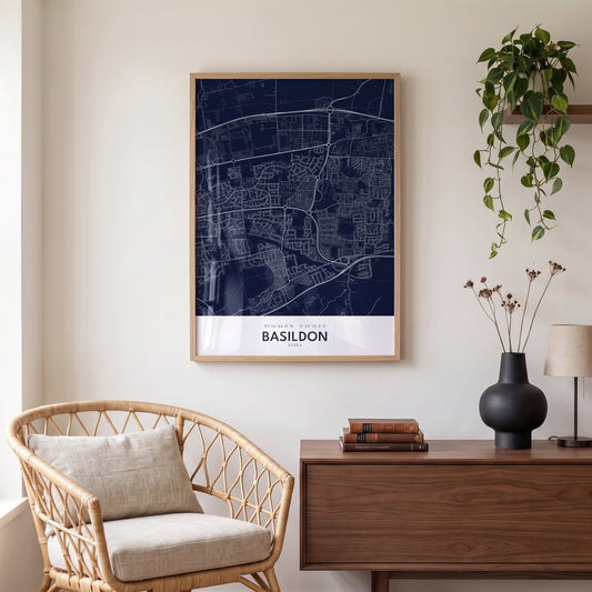 Basildon — Framed Map Print (Navy)