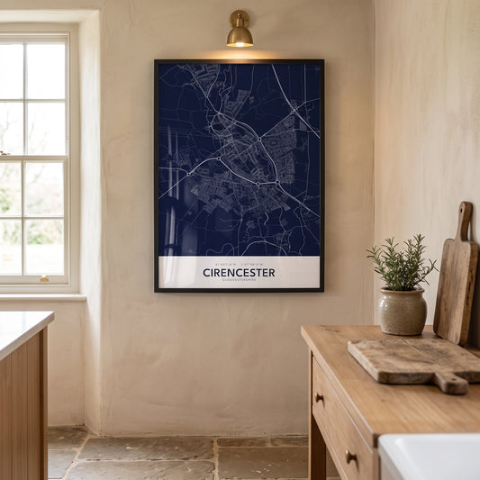 Your Town Merch — Cirencester Framed Map Print (Navy) lifestyle