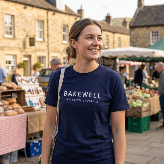 Your Town Merch — Bakewell Coordinates Navy Tee lifestyle