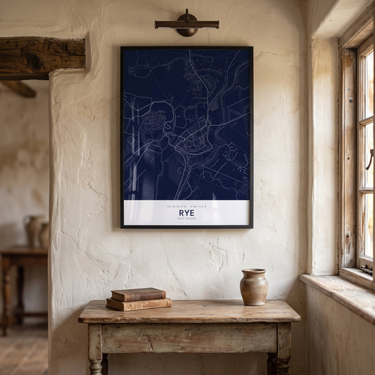 Rye — Framed Map Print (Navy)