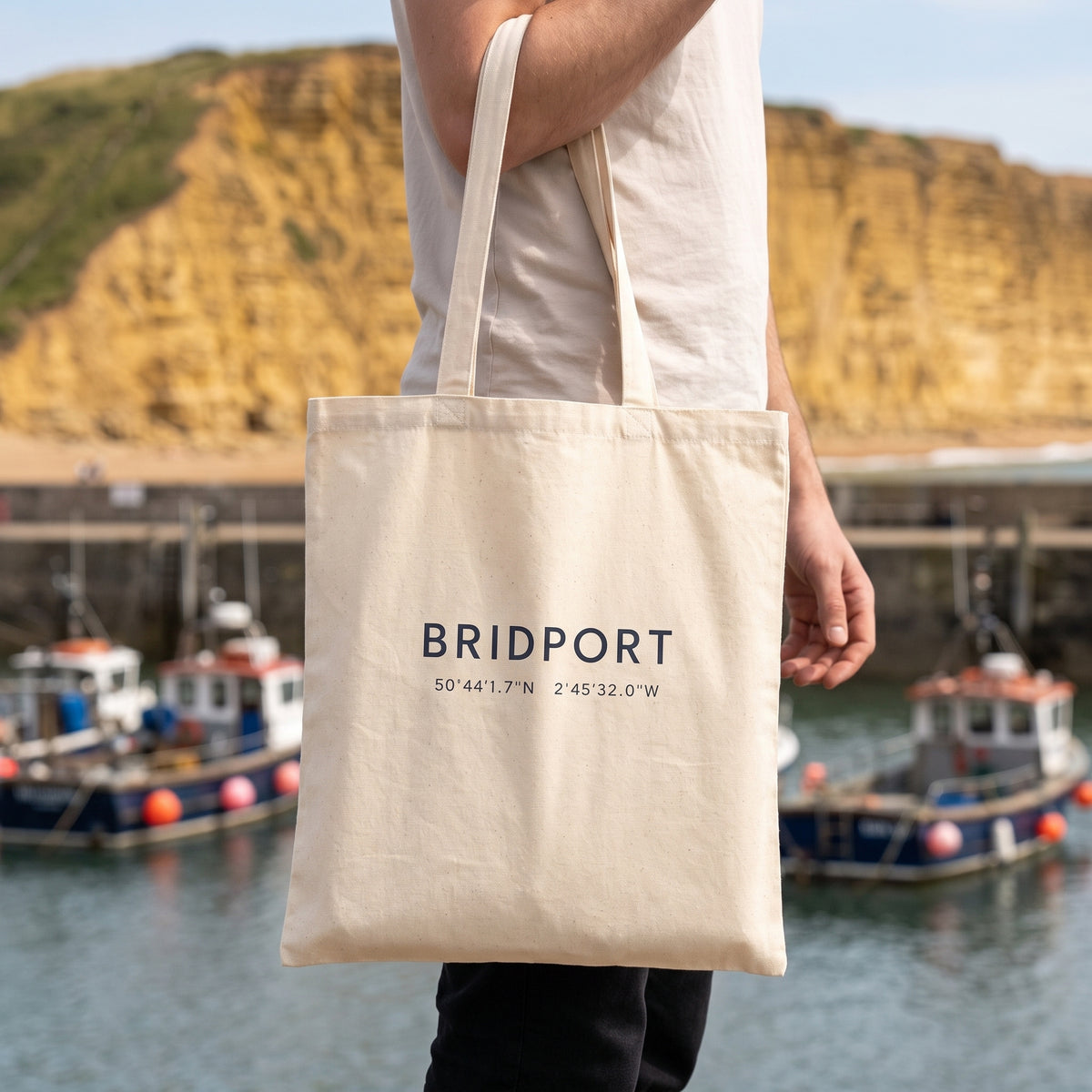 Your Town Merch — Bridport Coordinates Natural Tote lifestyle