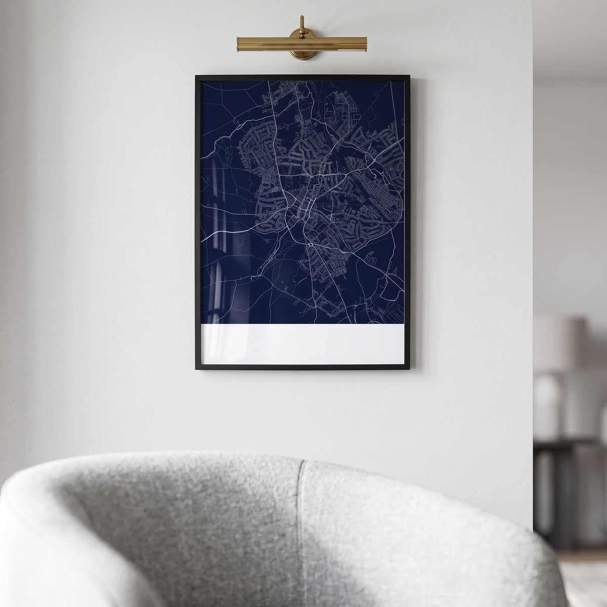 Your Town Merch — Hitchin Framed Map Print (Navy) lifestyle